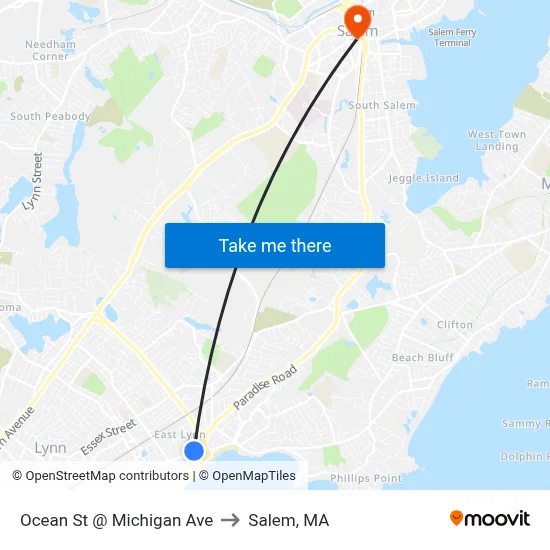 Ocean St @ Michigan Ave to Salem, MA map