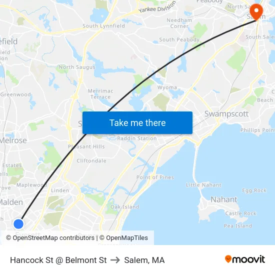 Hancock St @ Belmont St to Salem, MA map