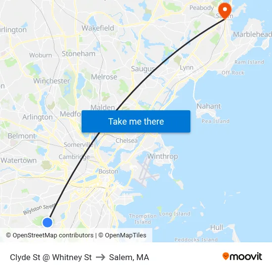 Clyde St @ Whitney St to Salem, MA map