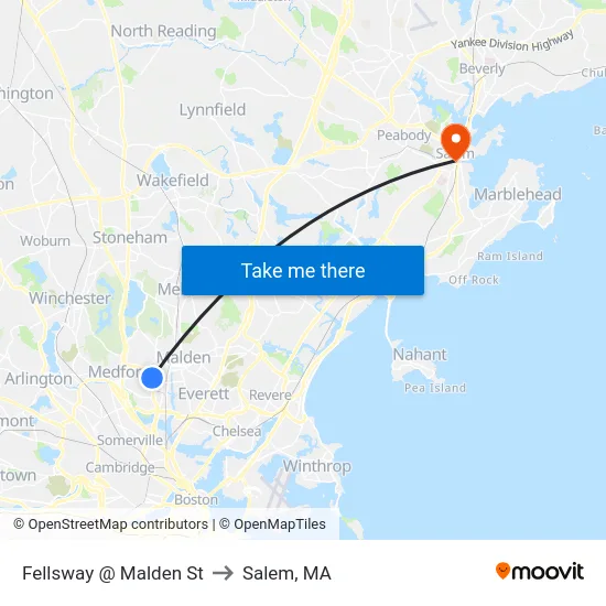 Fellsway @ Malden St to Salem, MA map