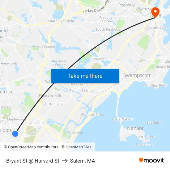 Bryant St @ Harvard St to Salem, MA map