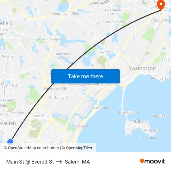 Main St @ Everett St to Salem, MA map