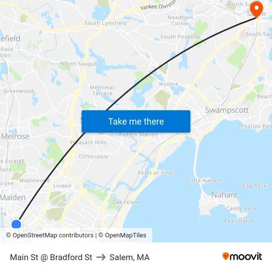 Main St @ Bradford St to Salem, MA map
