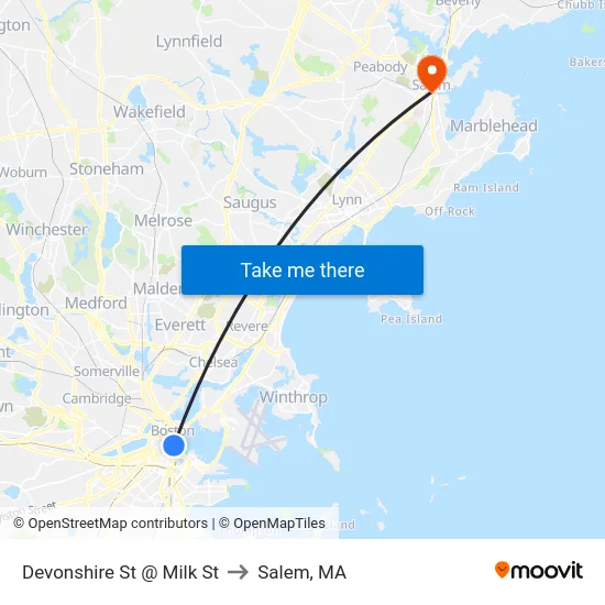 Devonshire St @ Milk St to Salem, MA map
