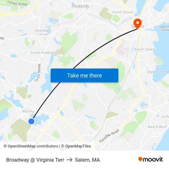 Broadway @ Virginia Terr to Salem, MA map