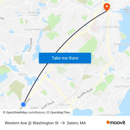 Western Ave @ Washington St to Salem, MA map