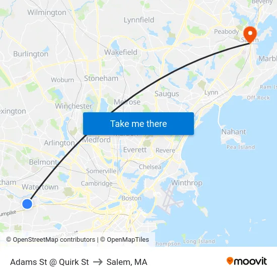 Adams St @ Quirk St to Salem, MA map