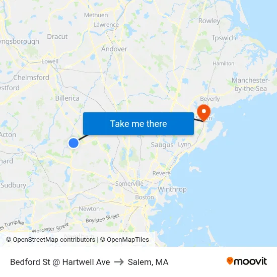 Bedford St @ Hartwell Ave to Salem, MA map