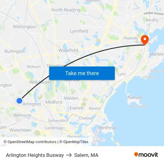 Arlington Heights Busway to Salem, MA map