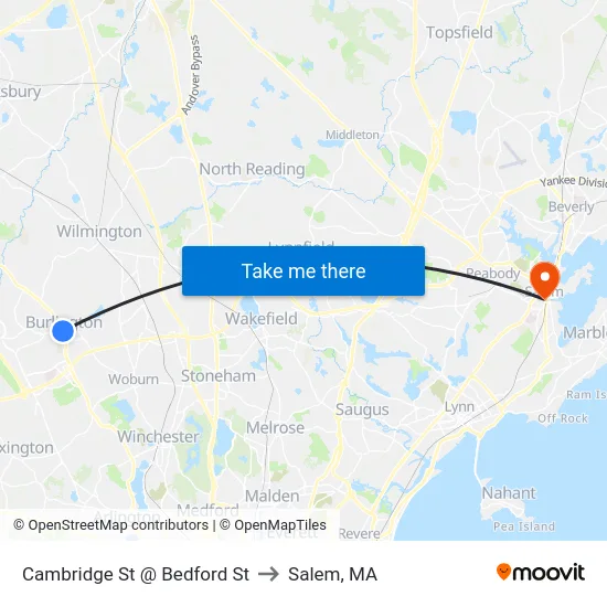 Cambridge St @ Bedford St to Salem, MA map