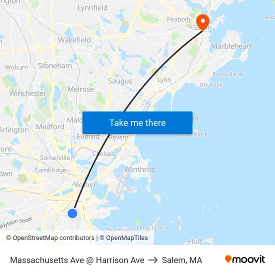 Massachusetts Ave @ Harrison Ave to Salem, MA map