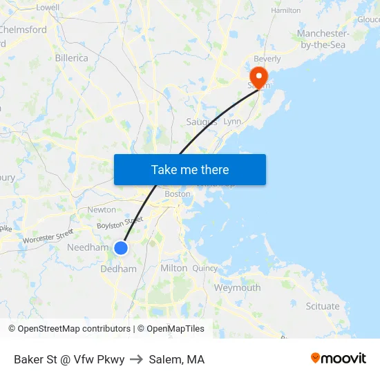 Baker St @ Vfw Pkwy to Salem, MA map
