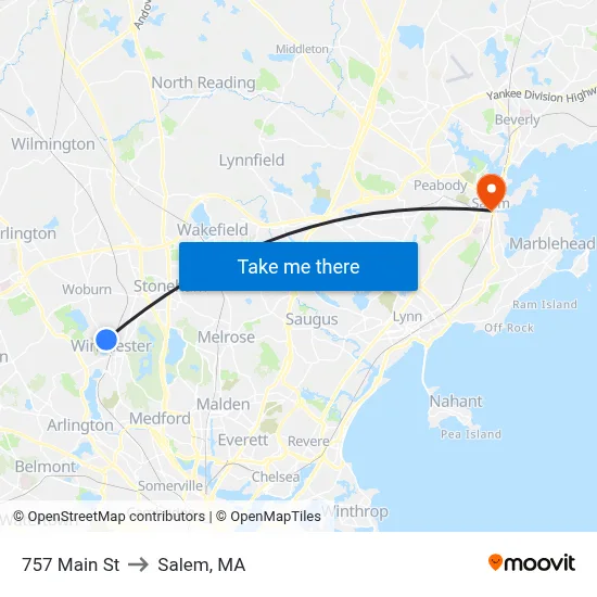 757 Main St to Salem, MA map
