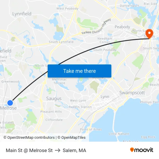 Main St @ Melrose St to Salem, MA map