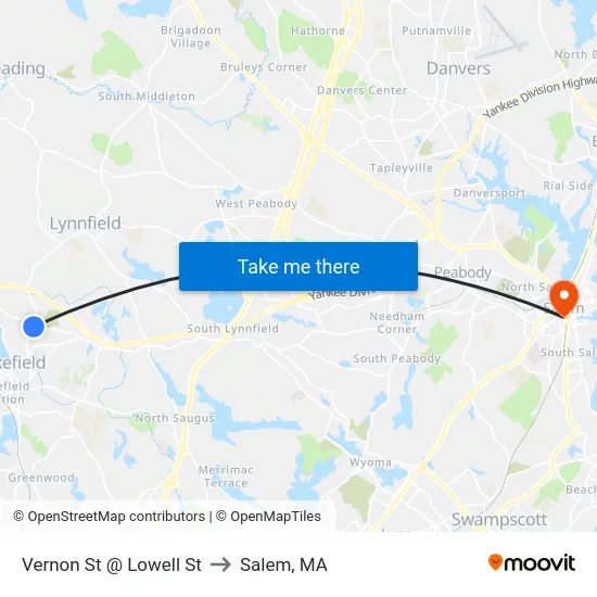 Vernon St @ Lowell St to Salem, MA map