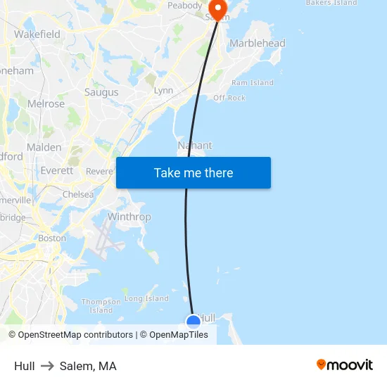 Hull to Salem, MA map