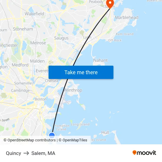 Quincy to Salem, MA map