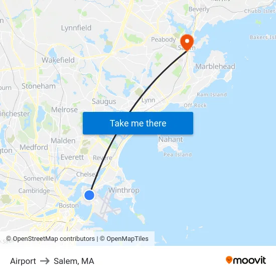 Airport to Salem, MA map