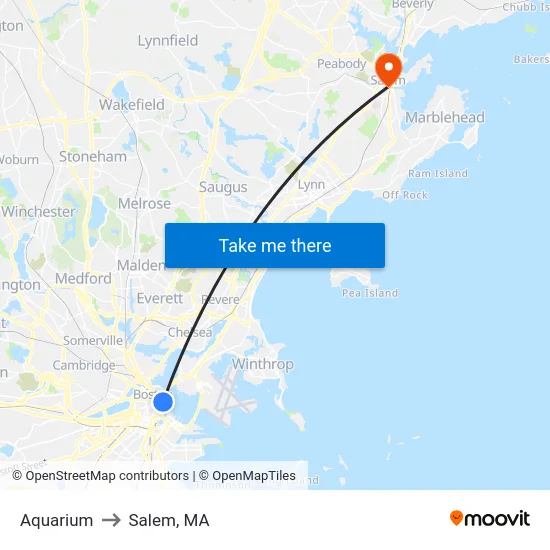 Aquarium to Salem, MA map