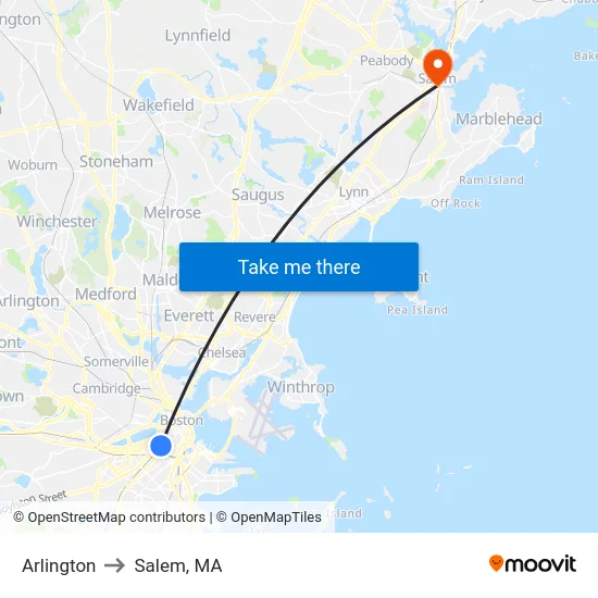 Arlington to Salem, MA map