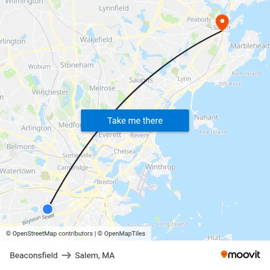 Beaconsfield to Salem, MA map