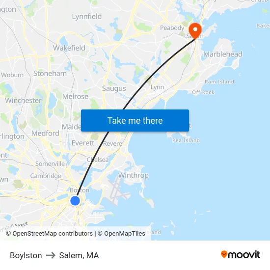 Boylston to Salem, MA map