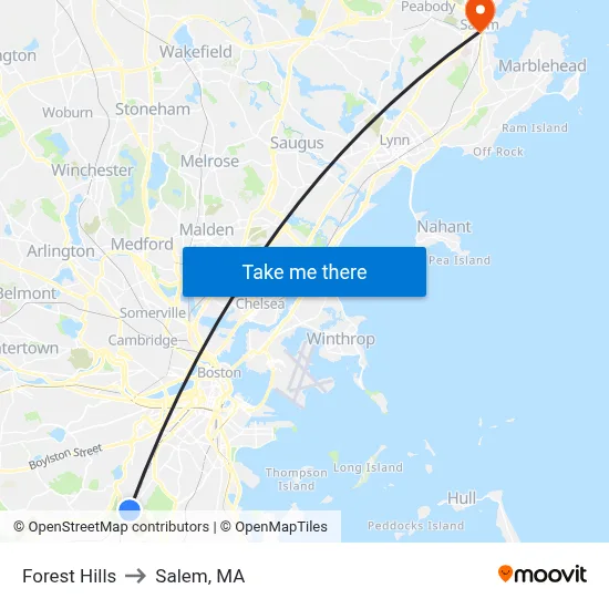 Forest Hills to Salem, MA map