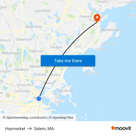 Haymarket to Salem, MA map