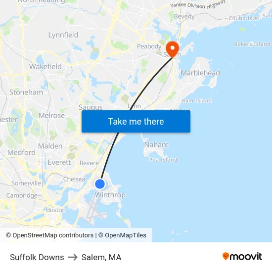 Suffolk Downs to Salem, MA map