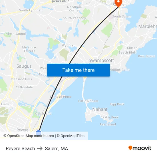 Revere Beach to Salem, MA map
