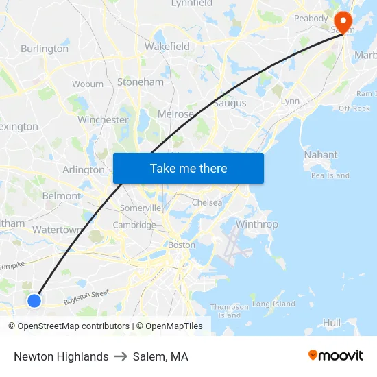 Newton Highlands to Salem, MA map
