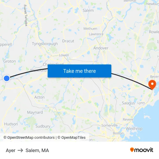 Ayer to Salem, MA map