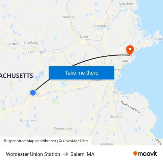 Worcester Union Station to Salem, MA map
