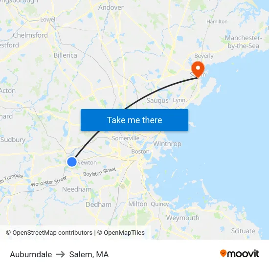 Auburndale to Salem, MA map