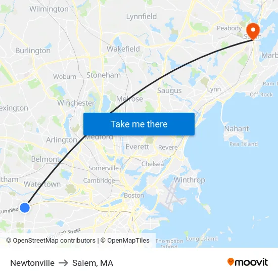 Newtonville to Salem, MA map