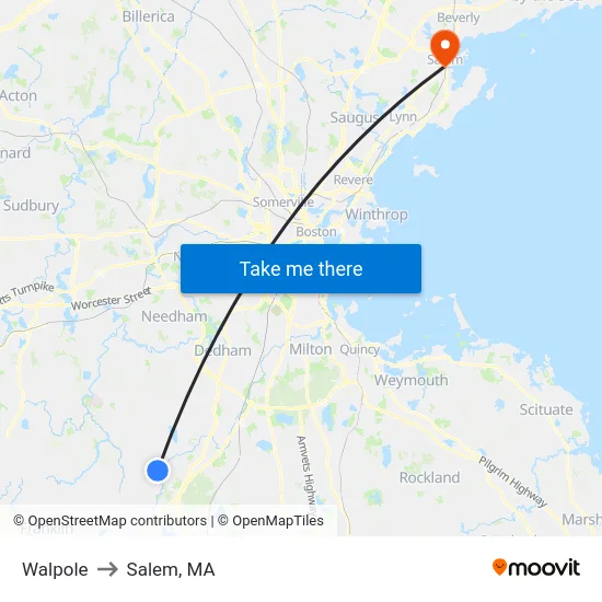 Walpole to Salem, MA map