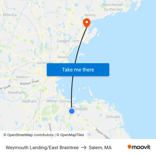 Weymouth Landing/East Braintree to Salem, MA map