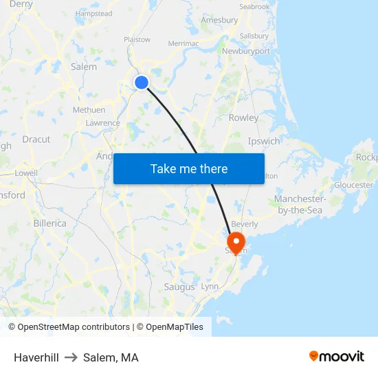 Haverhill to Salem, MA map