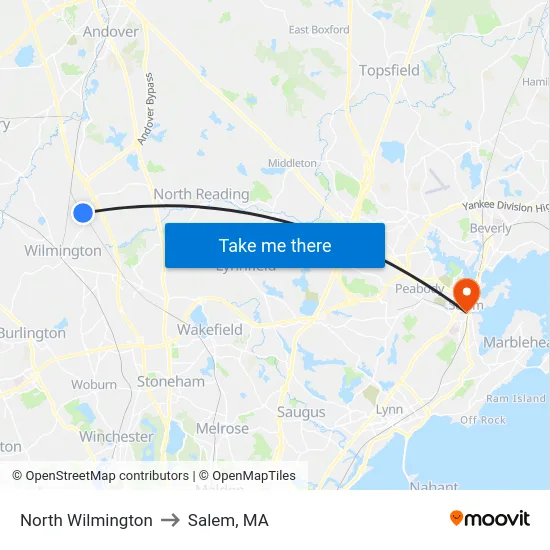 North Wilmington to Salem, MA map