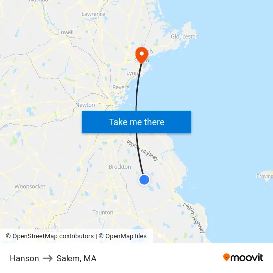 Hanson to Salem, MA map