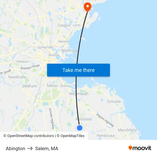Abington to Salem, MA map