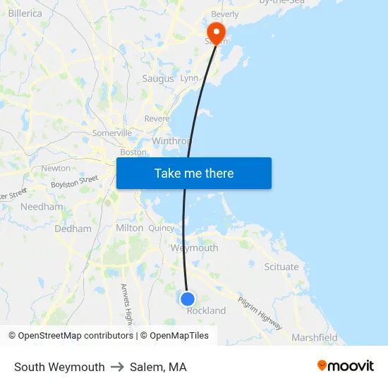 South Weymouth to Salem, MA map