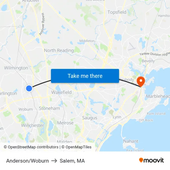 Anderson/Woburn to Salem, MA map