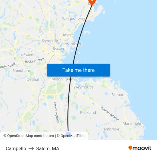 Campello to Salem, MA map