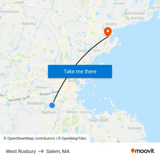 West Roxbury to Salem, MA map