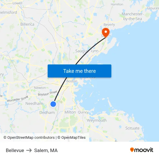Bellevue to Salem, MA map