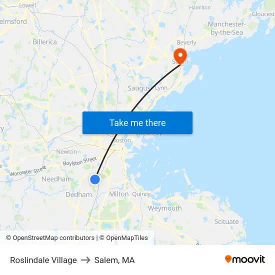 Roslindale Village to Salem, MA map