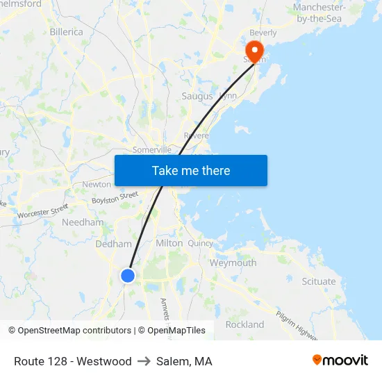 Route 128 - Westwood to Salem, MA map