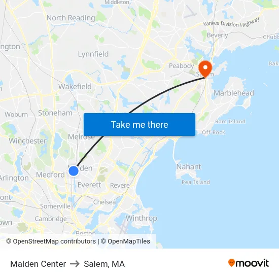 Malden Center to Salem, MA map