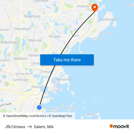 Jfk/Umass to Salem, MA map